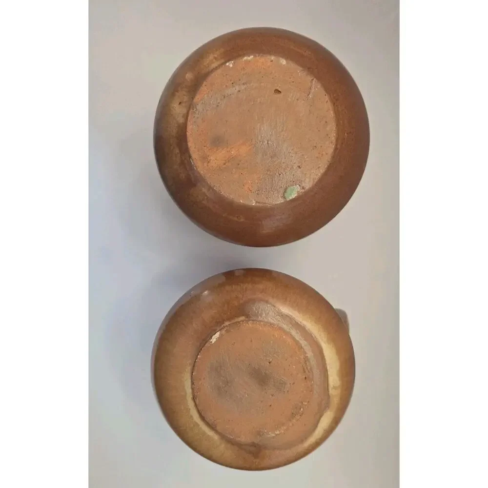 Vintage Studio Pottery Chamberstick Candle Holders Pair Brown Glazed Stoneware